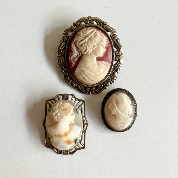 Cameo Jewelry, Choice of 3 brooches, Carved, c1911 to c1950 Art Deco, Antique and Vintage