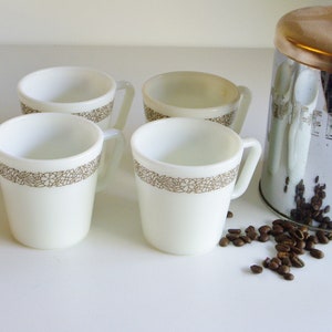 Vintage Pyrex Mugs, Woodland Pattern, Set of 4, Retro Milk Glass Mugs, Small, Made in USA