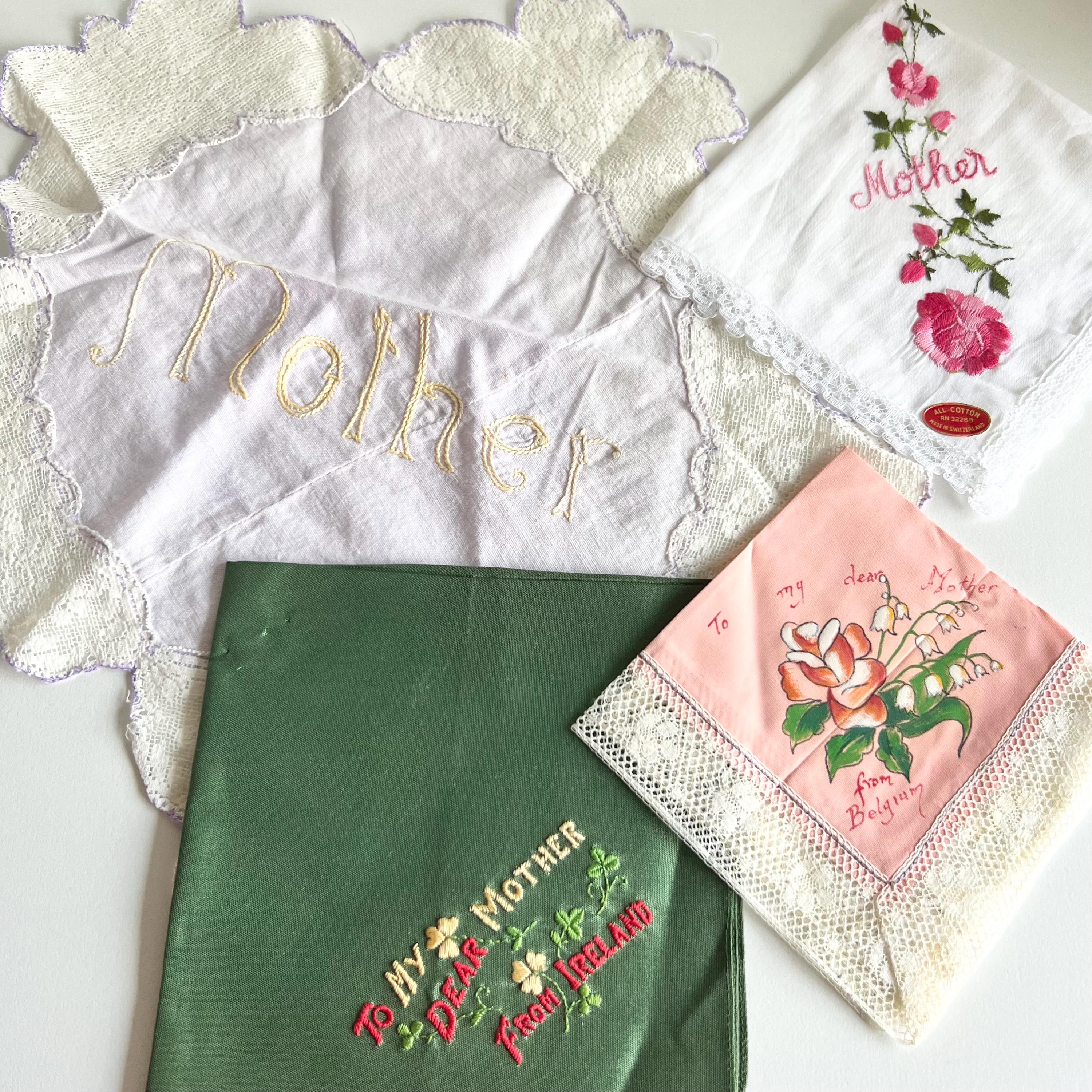 ヴィンテージ マザーズ ハンカチとドイリー（別売り）、バラの刺繍 