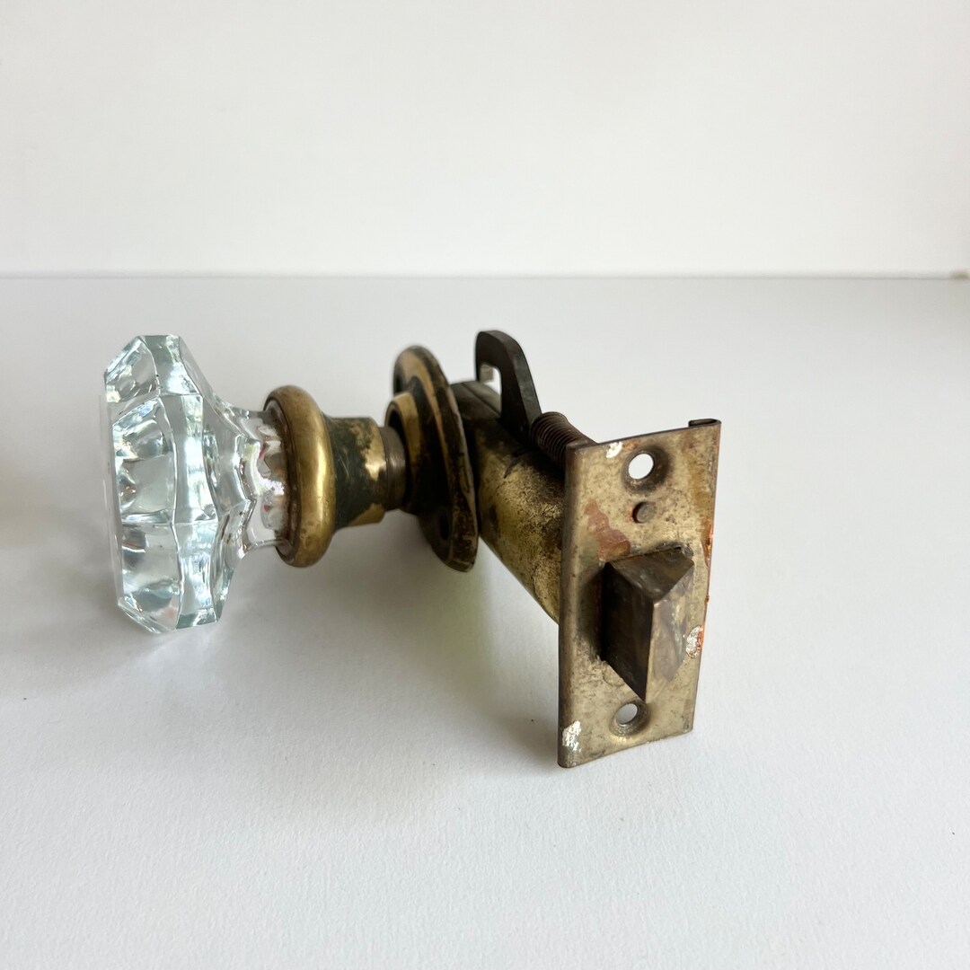 Vintage Glass Door Knob, Brass Plate, Crystal Handle, With Latch Mechanism, Tarnished, Shabby