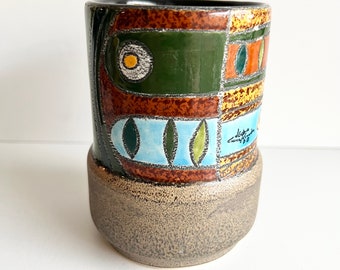 Pottery Vase, 1960s Ecuadorian Artist Eduardo Vega, Signed and Labelled, Colourful Geometric Design, Sixties Colours