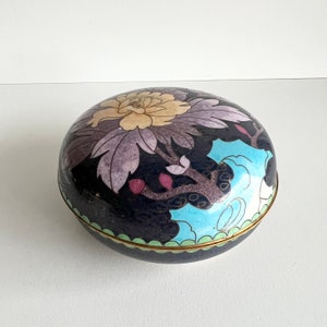 七宝焼 小物入れ 瑠璃色 花柄 蓋付き アクセサリーボックス 中国製 Jingfa 七宝焼きボックス、花柄の小物入れ、ミッドセンチュリー