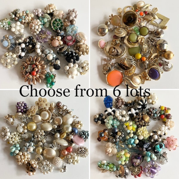 Vintage Craft Beaded Clip-on Earring 8 oz Lot, MCM Mid Century, costume broken junk jewellery, crafting, assorted colours, assemblage supply