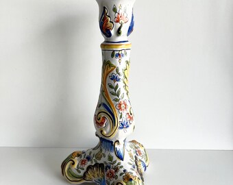 Antique French Faience Candle Stick, Made in Rouen, Hand Painted Candle Holder