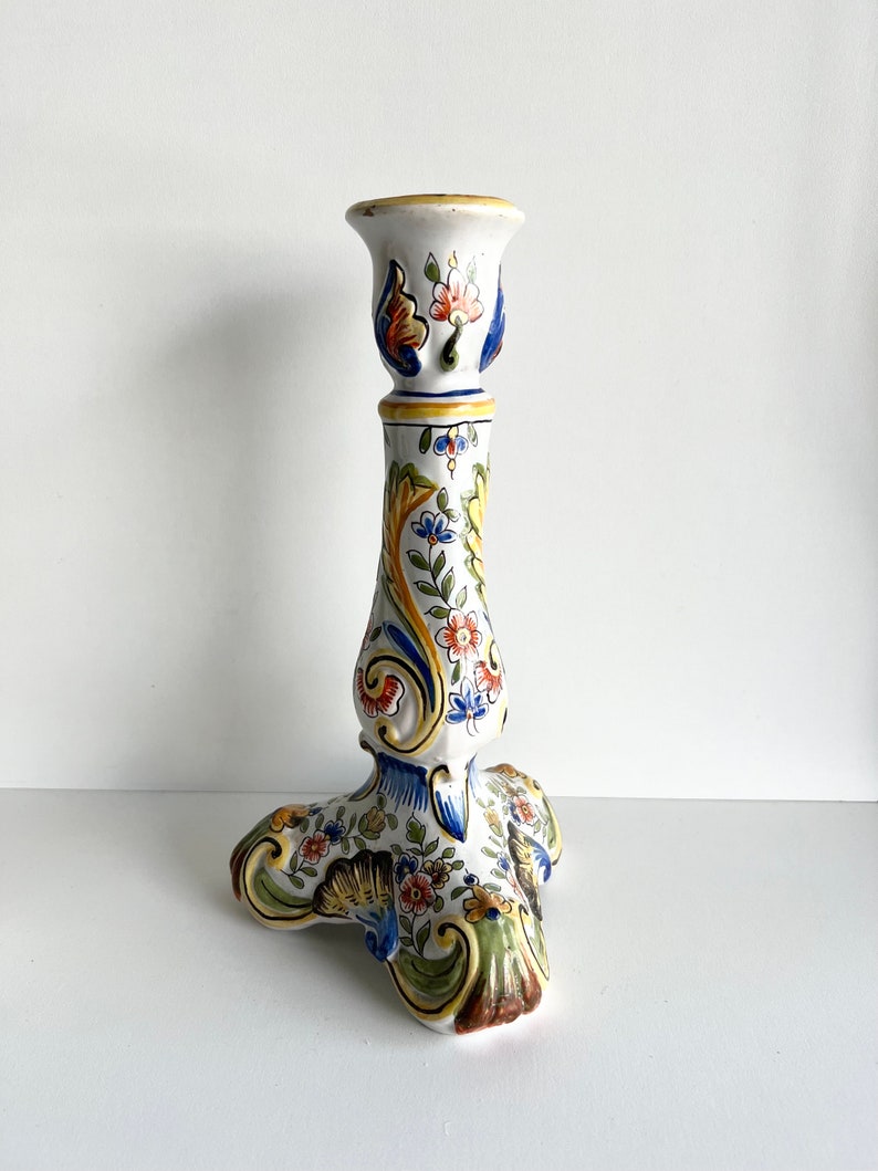 Antique French Faience Candle Stick, Made in Rouen, Hand Painted Candle Holder image 1