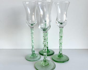 Vintage Liqueur or Cordial Glasses, Handblown, Green Twist Stem, Clear Glass, Set of 4