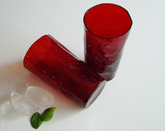 Red Cocktail Glasses, Morgantown Crinkle, Flat Tumbler, Vintage Barware, 5 inch, 11 oz, Ruby, Crinkleware, Collectible, Set of 2