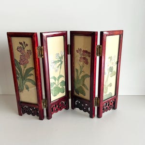 Vintage Mini Asian Folding Screen for Shelf Display, Two Sided Floral and Birds