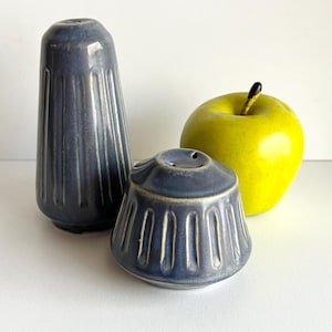 May include: A set of two blue ceramic salt and pepper shakers with a ribbed design. The shakers are on a white surface next to a yellow apple.