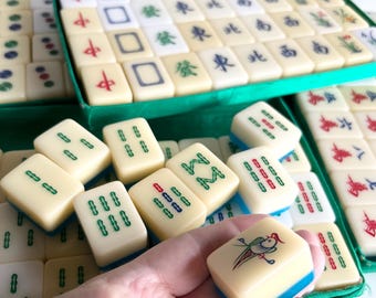 Vintage Mahjong Tiles, Blue Lucite, 1-9 lot dots, bamboo, characters OR lots of flowers/winds/dragons, game replacement, craft supply, China