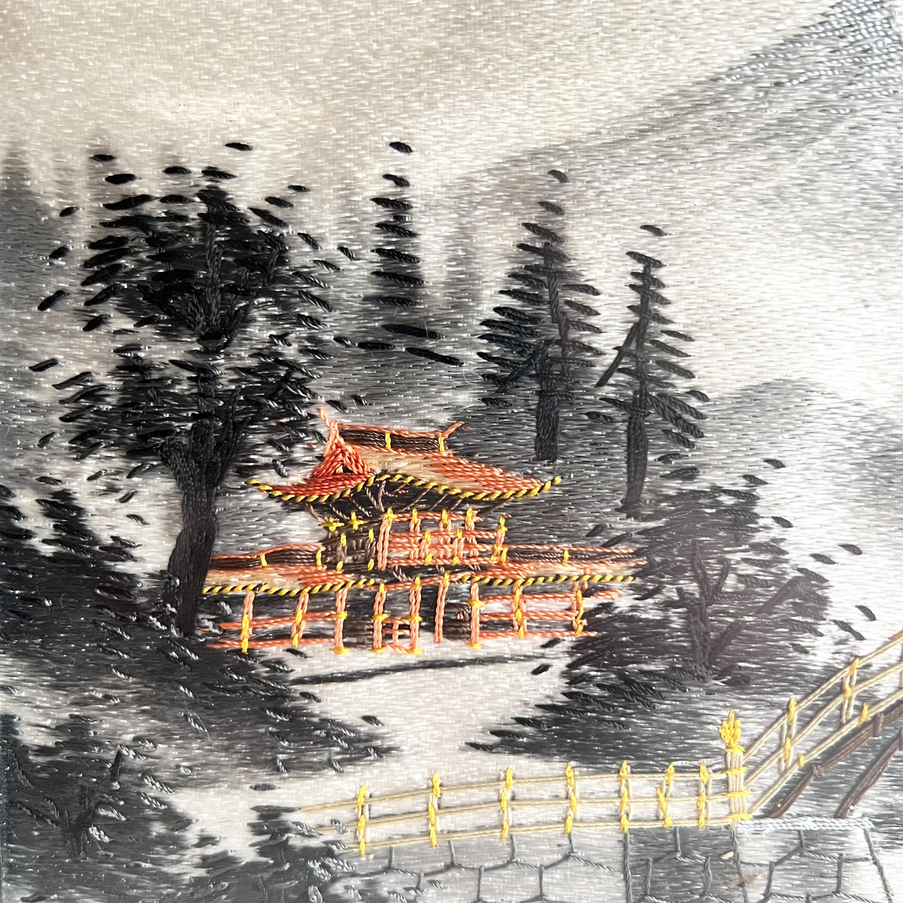 Vintage Japanese Silk Embroidered Picture, Bridge, Temple or