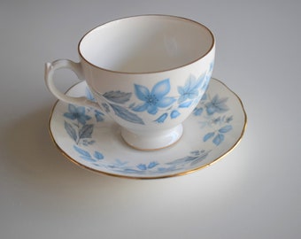Queen Anne Tea Cup and Saucer, Fine Bone China, blue flowers and leaves