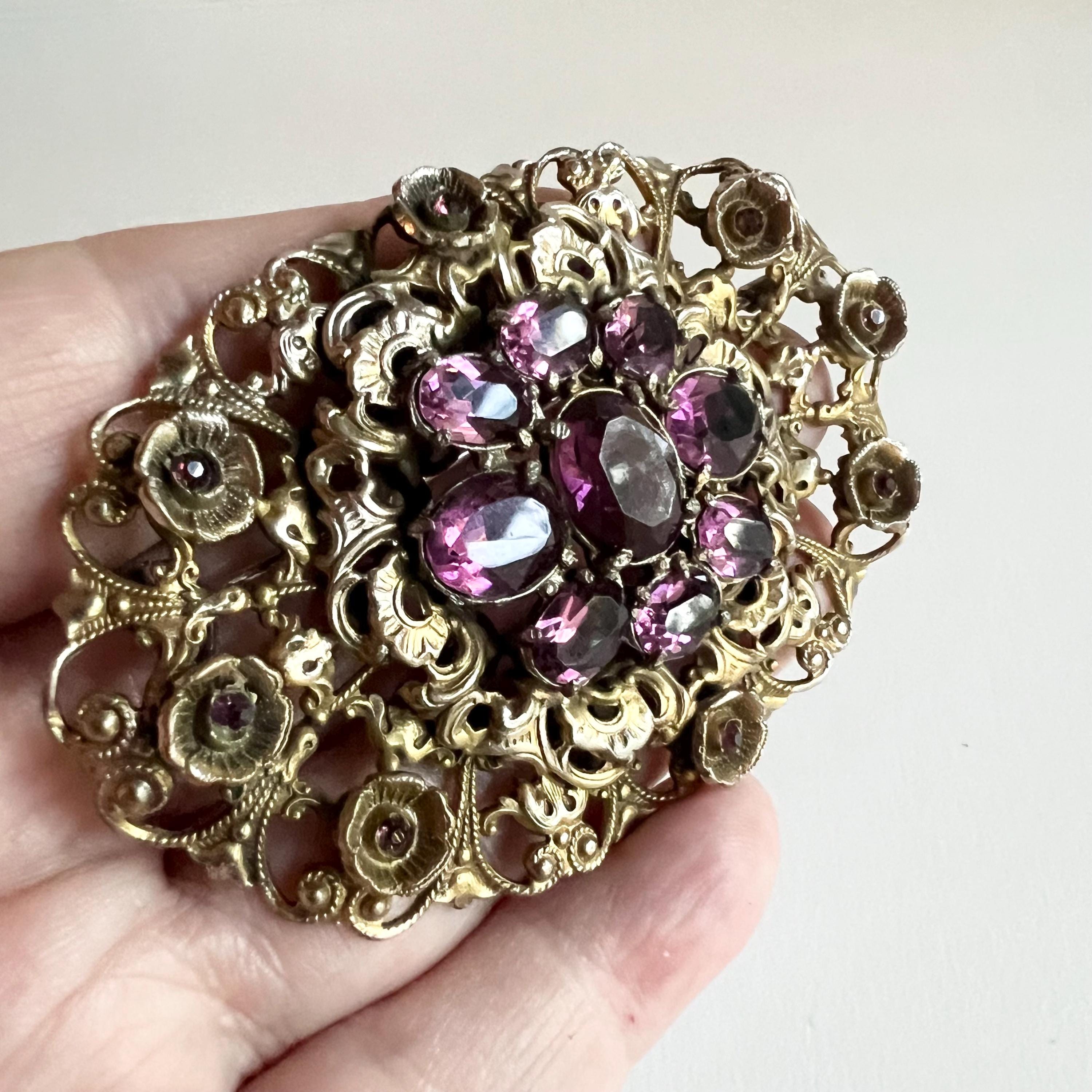 Filigree Brooch, Amethyst Purple Czech Glass Set in Gold Tone