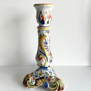 Antique French Faience Candle Stick, Made in Rouen, Hand Painted Candle Holder image 3