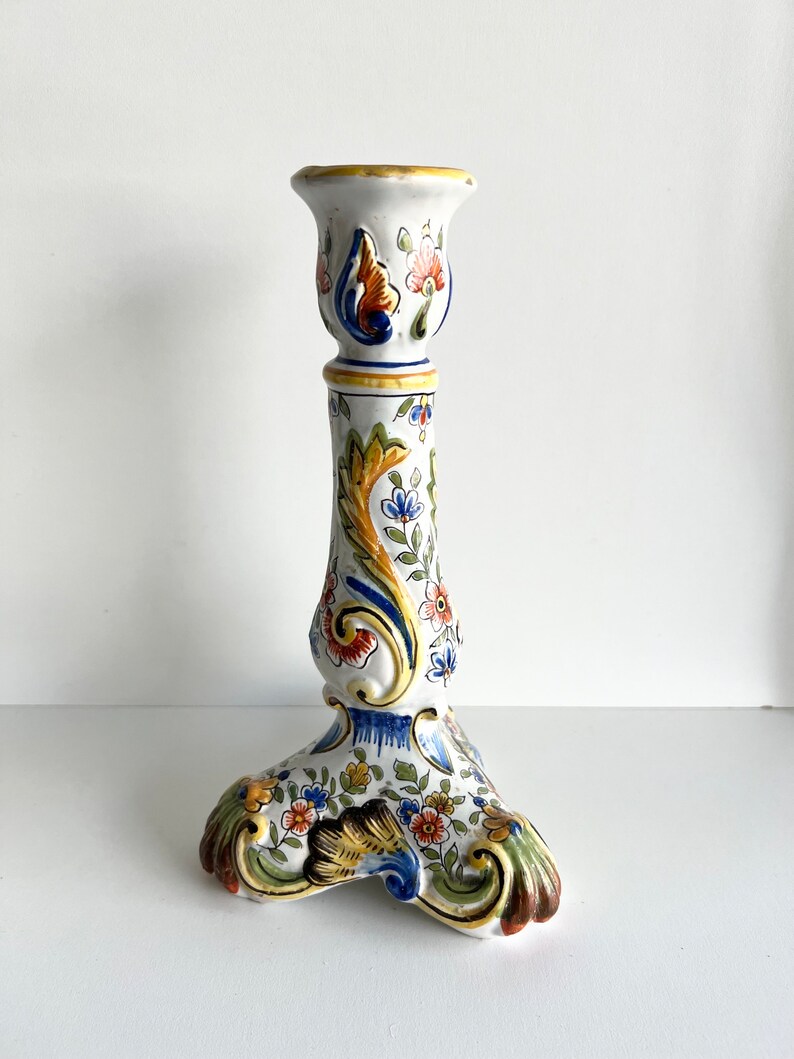Antique French Faience Candle Stick, Made in Rouen, Hand Painted Candle Holder image 3