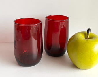 Royal Ruby Red Juice Glasses made by Anchor Hocking, Set of 2 small round drinking glasses, depression glass, mid century collectible