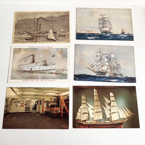 Lot de 6 cartes postales de bateau vintage, objets de collection nautiques, 5 vierges non postées, Clermont, Miltiades, Piako, Concord, Flying Cloud, USS Constitution