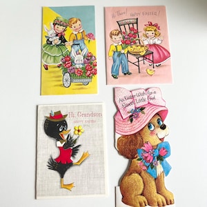 4 cartes de voeux vintage pour enfants de Pâques, kitsch mignons du milieu du siècle, éphémères de collection, lot de 4, cartes petits-enfants, présentoir de Pâques