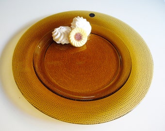 Glass Serving Tray or Platter, Amber Yellow, Cristalleria Europa, Italy, Large Round Serving Plate for Charcuterie, Mid-century Collectible