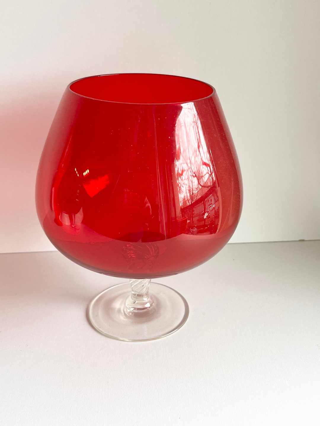 Red Snifter Vase, Glass, Clear Stem & Base, Mid Century, Large Drink