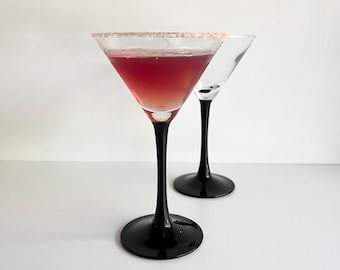 Vintage Black Stemmed Martini or Cocktail Glasses, Pair, Set of 2