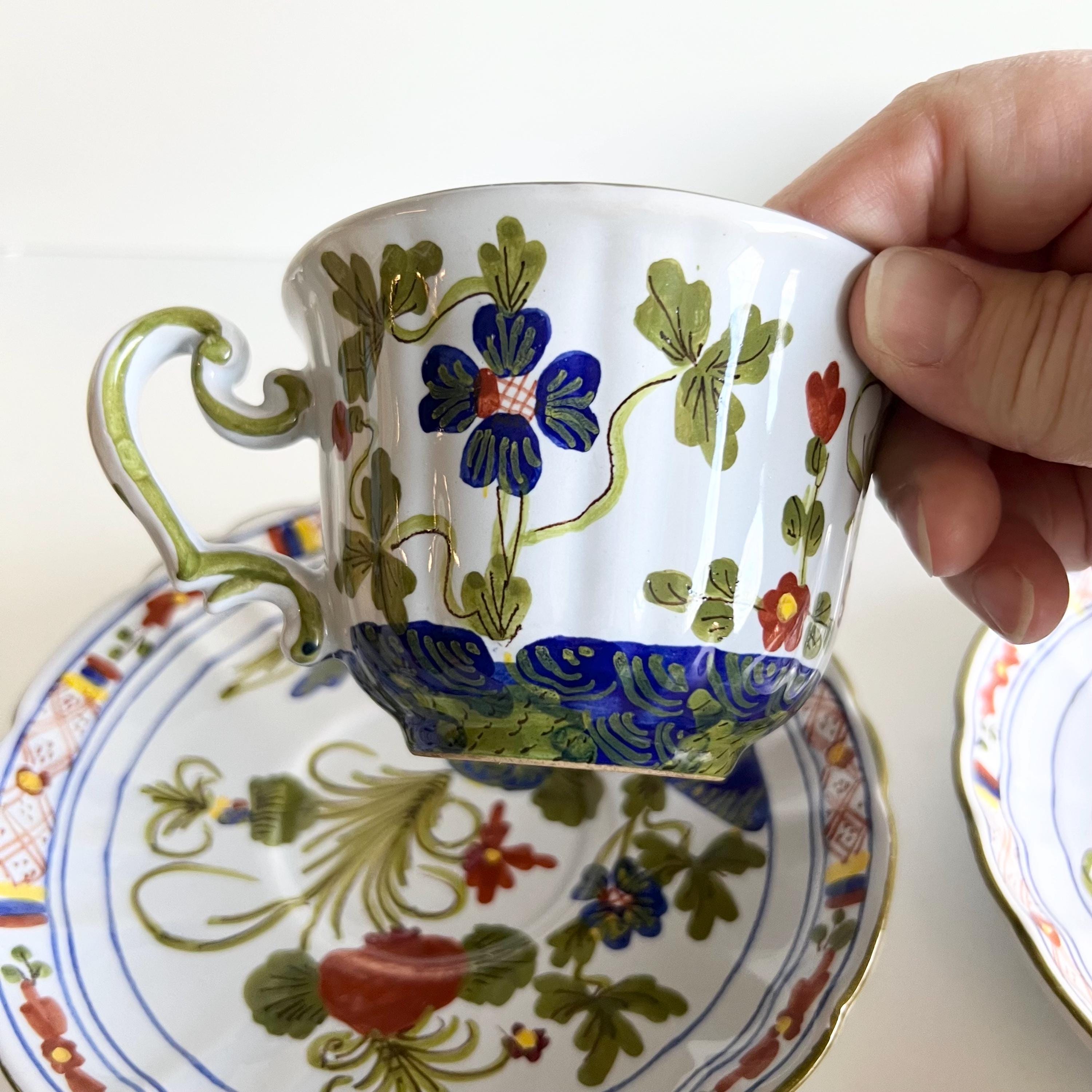 Vintage Italian Folk Art Cup and Saucer, Italian Pottery, Garofano