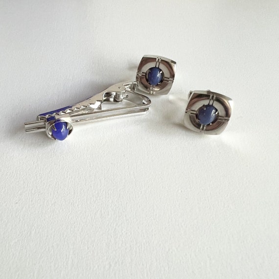 Vintage Lapis Lazuli Cufflinks and Tie Clip, Silver Tone and