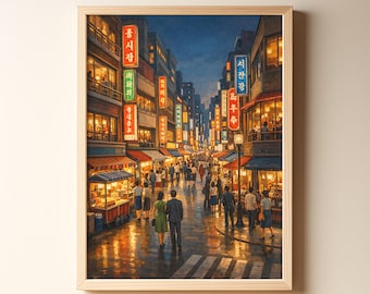 Seoul Vintage Painting Print, Myeongdong Neon Night Street Wall Art, Mid Century Travel Poster, Korea Cityscape, Digital Download