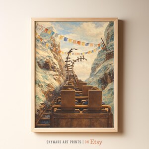 May include: A framed art print depicting a roller coaster car ascending a steep track between snow-covered mountain peaks. Colorful prayer flags are strung across the sky above the track. The text SKYWARD ART PRINTS ON Etsy is at the bottom.