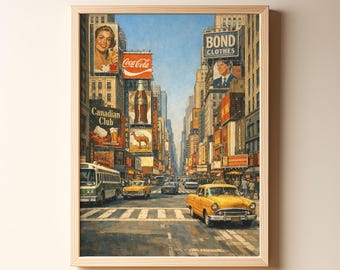 New York Retro Travel Poster, Times Square NYC Skyline Vintage Illustration, Mid Century Wall Art, Classic Cityscape, Digital Download