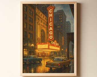 Chicago Retro Reise Poster, Theater Viertel Innenstadt Szene, Vintage Illustration, Mid Century Wandkunst, Illinois Poster, digitaler Download