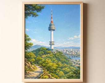 Póster de viaje retro de Seúl, paisaje urbano de la Torre Namsan de Seúl, arte mural moderno de mediados de siglo, ilustración vintage de Corea, descarga digital