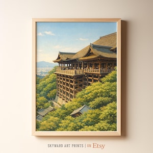Kyoto Retro Travel Poster, Kiyomizu-dera Temple Vintage Painting Print, Japan Wall Art, Buddhist Temple Art, Digital Download