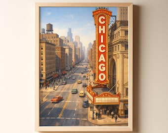 Chicago Retro Reise Poster, Theater Viertel Innenstadt Szene, Vintage Illustration, Mid Century Wandkunst, Illinois Poster, digitaler Download