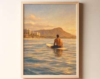 Hawaii Retro Travel Poster, Waikiki Beach Surfer Vintage Painting, Mid Century Island Wall Art, Beach Scene, Digital Download