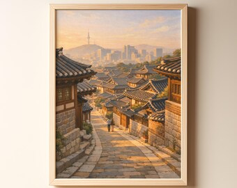 Seoul Vintage Painting Print, Bukchon Hanok Village Wall Art, Mid Century Travel Poster, Korea Cityscape, Digital Download
