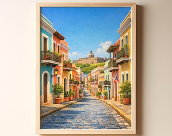 Puerto Rico Retro Travel Poster, Old San Juan Streets & El Morro Vintage Illustration, Mid Century Caribbean Wall Art, Digital Download