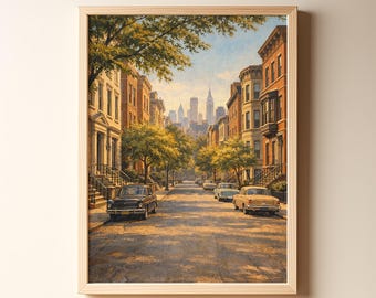 Retro reseaffisch från New York, Upper East Side Brownstone Street, vintageillustration, väggkonst från mitten av århundradet, digital nedladdning av New York