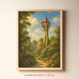 Könnte beinhalten: Ein gerahmter Druck eines Märchen-Turms mit einem langen Zopf. Der Turm ist von grünen Bäumen und einem gewundenen Pfad umgeben. Der Himmel ist blau mit weißen Wolken. Der Text unten lautet "SKYWARD ART PRINTS | ON Etsy".