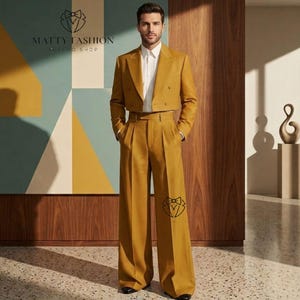May include: A mustard yellow double-breasted cropped blazer and matching high-waisted wide-leg trousers worn with a white button-down shirt. The blazer features a Matty Fashion Tuxedo Shop logo on the upper left and a bow tie icon on the pant leg.