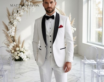 Costume smoking 3 pièces homme blanc | Revers châle noir, tenues de soirée slim fit