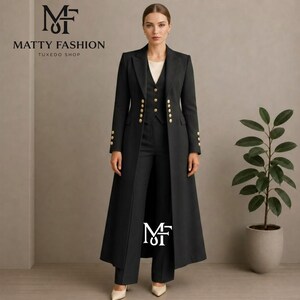Svart lång damkostym i tre delar | Skräddarsydd smoking med guldknappar | Formell väst och byxor från Matty Fashion