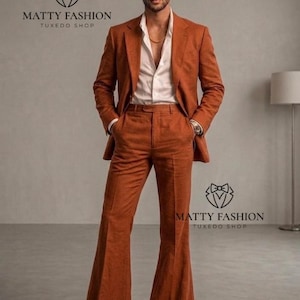 Men's Retro Suit | Brunt Orange 70's Style 2 Piece Suit | Bell Bottom Pant | Wide Leg Flared Boot Cut Trouser