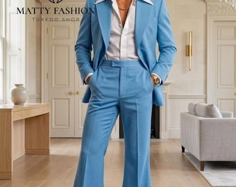 Traje de hombre azul cielo estilo años 70 – Solapa ancha de pico, pantalón acampanado, traje de boda