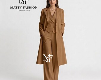 Women's 3-Piece Camel Suit Set | Long Tailored Coat, Waistcoat & Wide Leg Trousers | Old Money Aesthetic Vintage 70s Style Pant Suit
