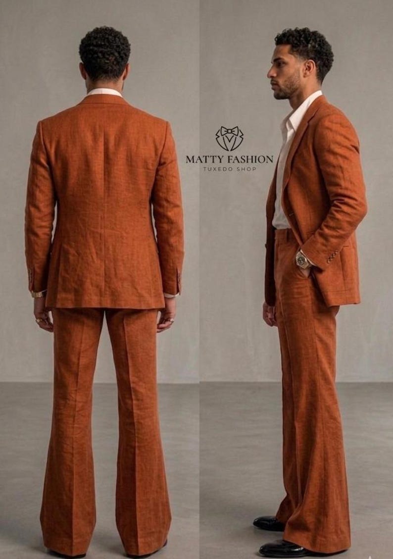 May include: A rust-colored suit with a tailored jacket and flared pants. The suit is worn with a white dress shirt. The image includes the text "MATTY FASHION TUXEDO SHOP".
