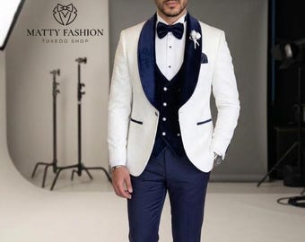 Men's White Tuxedo – Navy Velvet Shawl Lapel Wedding 3 Piece Slim Fit Suit