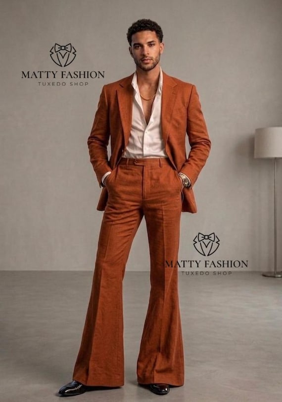 flared mens dress pants Flare this Burnt Orange suit is designed to make a statement Men's 70's Style Burnt Orange