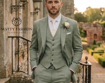 Traje de boda para hombre, color verde salvia, corte ajustado, 3 piezas, traje para padrinos de boda.