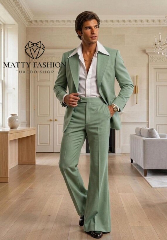 Men's Sage Green 70s Style Suit – Wide Peak Lapel Bell Bottom Trousers